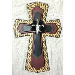 18” Wooden Fleur-De-Lis Multi-Tiered Rustic Black Faux Fur Wall Cross